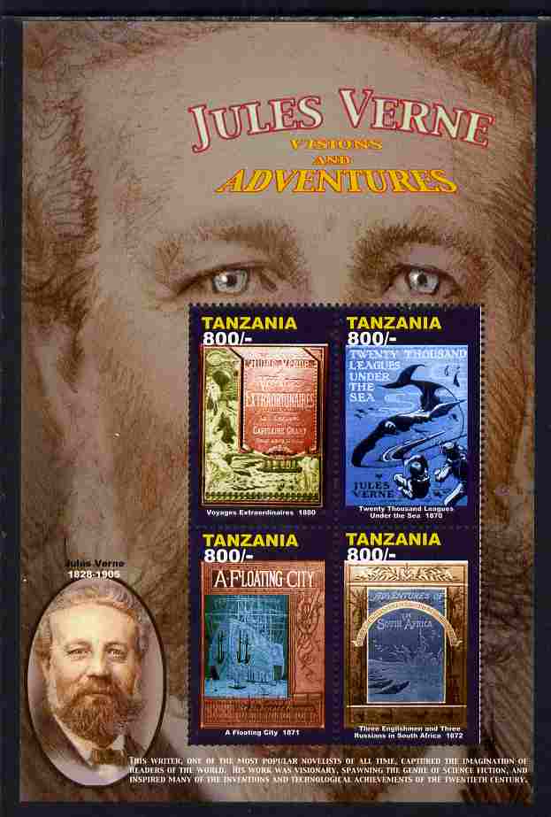 Tanzania 2005 Death Centenary of Jules Verne perf sheetlet of 4 (Voyages Extraordinaires) unmounted mint, SG MS2466e, stamps on , stamps on  stamps on personalities, stamps on  stamps on jules verne, stamps on  stamps on literature, stamps on  stamps on 