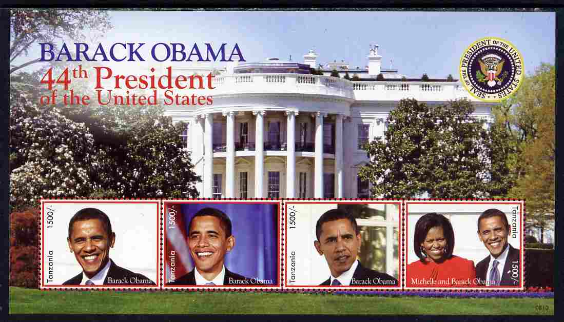 Tanzania 2009 Inauguration of Pres Barack Obama perf sheetlet of 4 unmounted mint, stamps on , stamps on  stamps on personalities, stamps on  stamps on usa presidents, stamps on  stamps on american, stamps on  stamps on masonics, stamps on  stamps on masonry, stamps on  stamps on obama