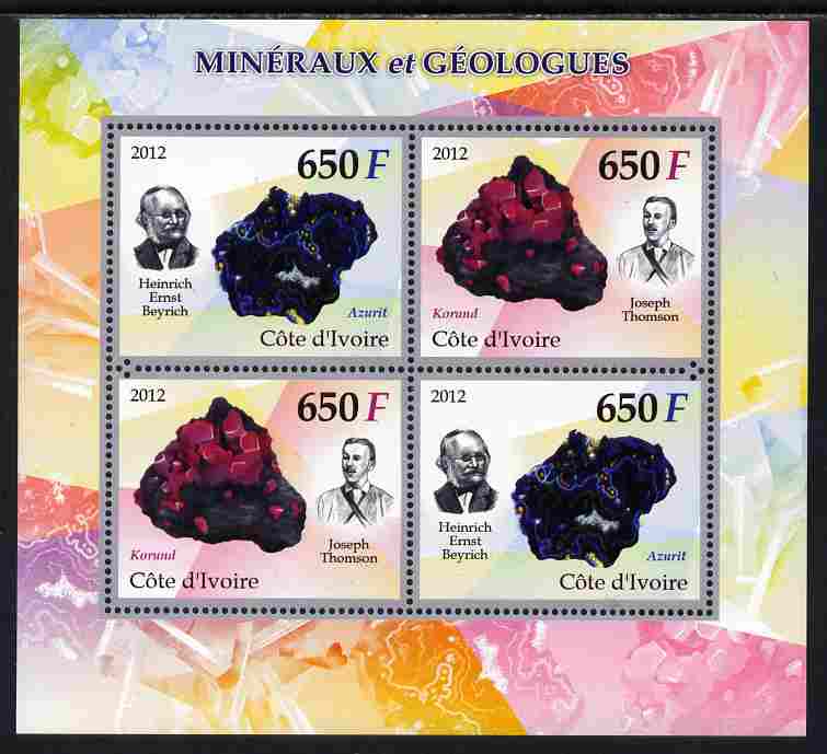 Ivory Coast 2012 Minerals & Geologists perf sheetlet containing 4 values unmounted mint , stamps on , stamps on  stamps on minerals