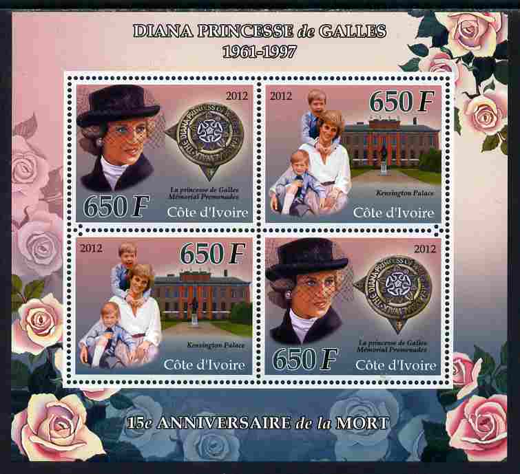 Ivory Coast 2012 Princess Diana perf sheetlet containing 4 values unmounted mint , stamps on , stamps on  stamps on personalities, stamps on  stamps on royalty, stamps on  stamps on diana, stamps on  stamps on william, stamps on  stamps on harry