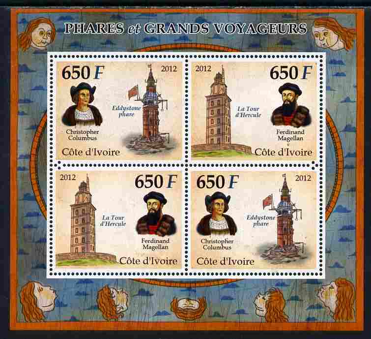 Ivory Coast 2012 Lighthouses & Explorers perf sheetlet containing 4 values unmounted mint , stamps on , stamps on  stamps on personalities, stamps on  stamps on lighthouses, stamps on  stamps on columbus, stamps on  stamps on explorers, stamps on  stamps on navigators, stamps on  stamps on americana, stamps on  stamps on magellan