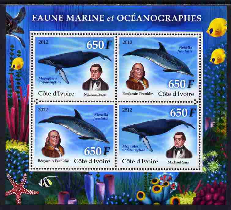 Ivory Coast 2012 Marine Mammals perf sheetlet containing 4 values unmounted mint , stamps on marine life, stamps on whales, stamps on dolphins