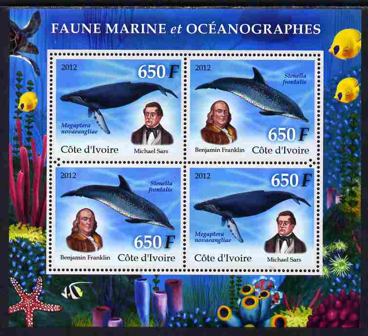 Ivory Coast 2012 Marine Mammals perf sheetlet containing 4 values unmounted mint , stamps on , stamps on  stamps on marine life, stamps on  stamps on whales, stamps on  stamps on dolphins