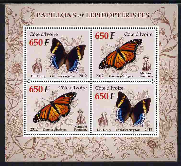 Ivory Coast 2012 Butterflies perf sheetlet containing 4 values unmounted mint , stamps on , stamps on  stamps on butterflies