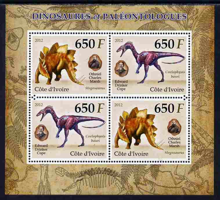 Ivory Coast 2012 Dinosaurs & Paleontologists perf sheetlet containing 4 values unmounted mint , stamps on , stamps on  stamps on dinosaurs