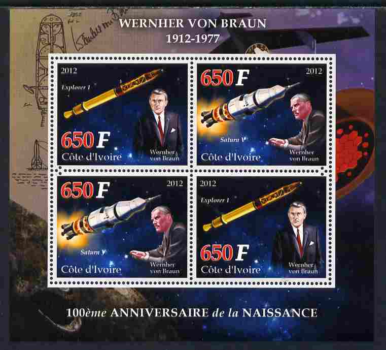 Ivory Coast 2012 100th Birth Anniversary of Wernher van Braun perf sheetlet containing 4 values unmounted mint , stamps on personalities, stamps on space, stamps on rockets