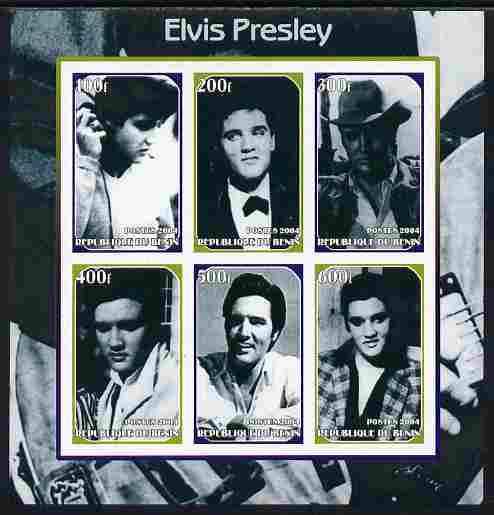 Benin 2004 Elvis Presley imperf sheetlet containing 6 values unmounted mint, stamps on , stamps on  stamps on personalities, stamps on  stamps on elvis, stamps on  stamps on music, stamps on  stamps on films, stamps on  stamps on movies, stamps on  stamps on 