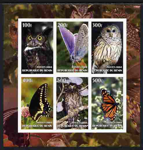 Benin 2004 Owls & Butterflies imperf sheetlet containing set of 6 values unmounted mint, stamps on birds of prey, stamps on owls, stamps on butterflies