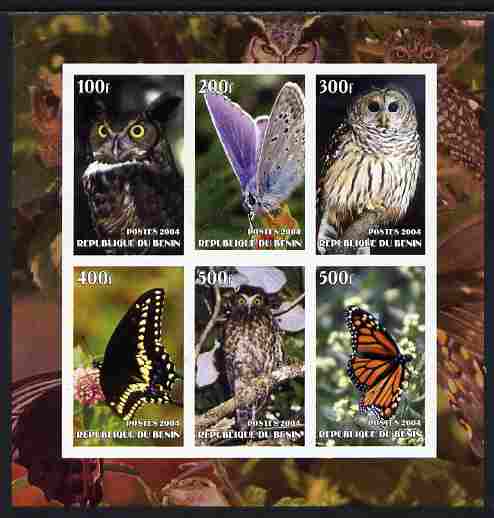 Benin 2004 Owls & Butterflies imperf sheetlet containing set of 6 values unmounted mint, stamps on , stamps on  stamps on birds of prey, stamps on  stamps on owls, stamps on  stamps on butterflies