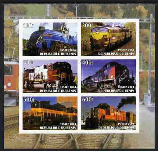 Benin 2004 Locomotives imperf sheetlet containing set of 6 values unmounted mint, stamps on , stamps on  stamps on railways