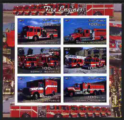 Somalia 2004 Fire Engines imperf sheetlet containing 6 values unmounted mint, stamps on , stamps on  stamps on fire