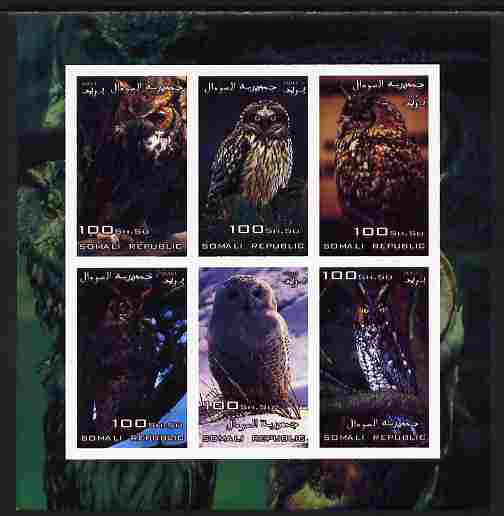 Somalia 2004 Owls imperf sheetlet containing 6 values unmounted mint. Note this item is privately produced and is offered purely on its thematic appeal, stamps on , stamps on  stamps on birds of prey, stamps on  stamps on owls