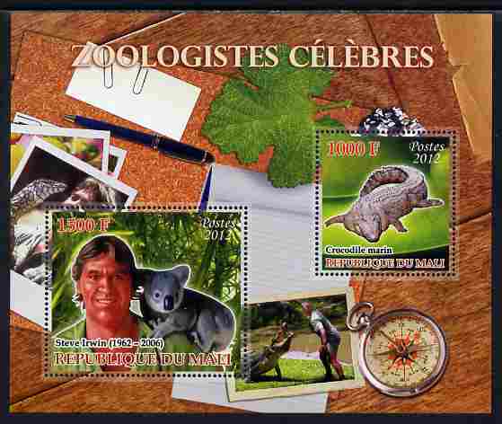 Mali 2012 Zoological Celebrities - Steve Irwin large perf sheetlet containing 2 values unmounted mint, stamps on , stamps on  stamps on personalities, stamps on  stamps on science, stamps on  stamps on crocodiles, stamps on  stamps on reptiles, stamps on  stamps on bears