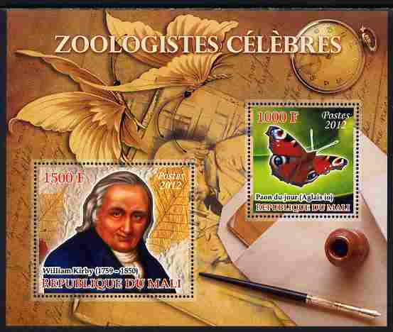 Mali 2012 Zoological Celebrities - William Kirby large perf sheetlet containing 2 values unmounted mint, stamps on , stamps on  stamps on personalities, stamps on  stamps on science, stamps on  stamps on butterflies