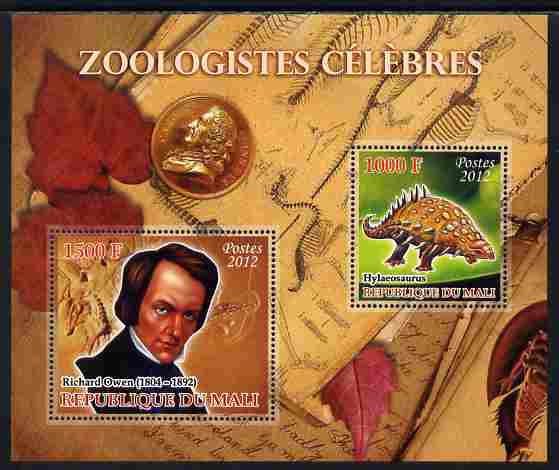 Mali 2012 Zoological Celebrities - Richard Owen large perf sheetlet containing 2 values unmounted mint, stamps on personalities, stamps on science, stamps on dinosaurs