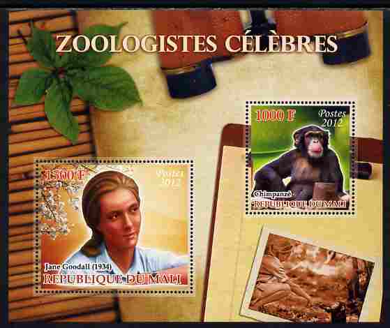 Mali 2012 Zoological Celebrities - Jane Goodall large perf sheetlet containing 2 values unmounted mint, stamps on , stamps on  stamps on personalities, stamps on  stamps on science, stamps on  stamps on apes, stamps on  stamps on monkeys