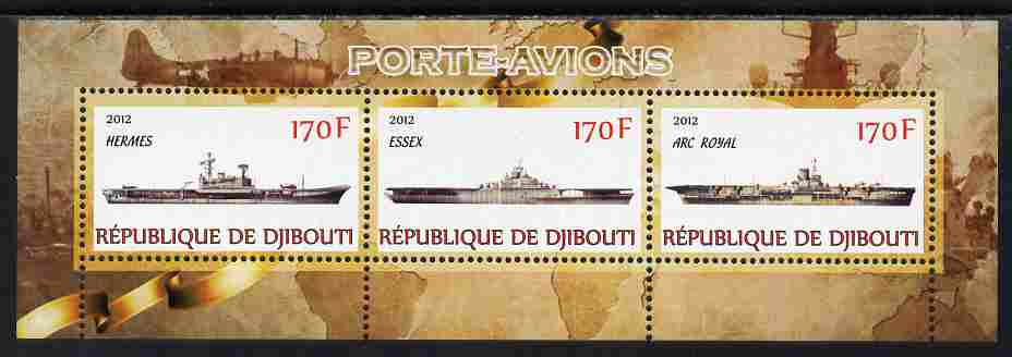 Djibouti 2012 Aircraft Carriers #1 perf sheetlet containing 3 values unmounted mint, stamps on ships, stamps on flat-tops, stamps on aviation, stamps on aircraft carriers