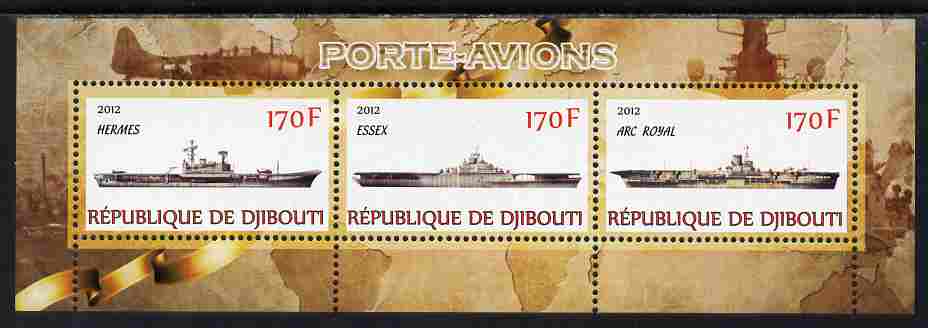 Djibouti 2012 Aircraft Carriers #1 perf sheetlet containing 3 values unmounted mint, stamps on , stamps on  stamps on ships, stamps on  stamps on flat-tops, stamps on  stamps on aviation, stamps on  stamps on aircraft carriers