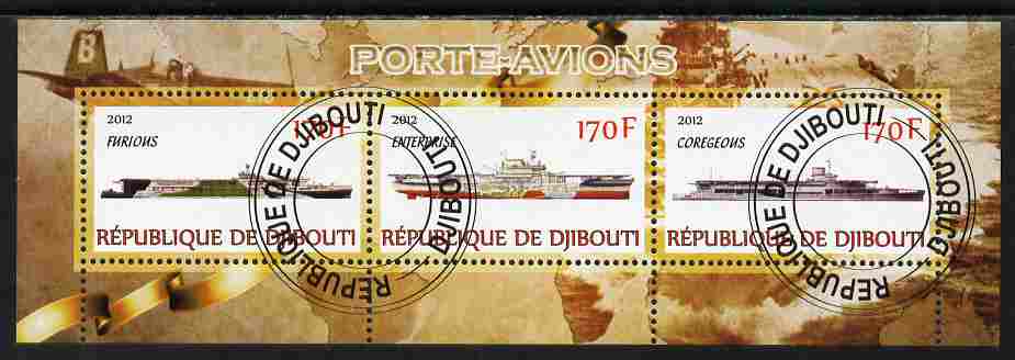 Djibouti 2012 Aircraft Carriers #2 perf sheetlet containing 3 values fine cto used, stamps on , stamps on  stamps on ships, stamps on  stamps on flat-tops, stamps on  stamps on aviation, stamps on  stamps on aircraft carriers