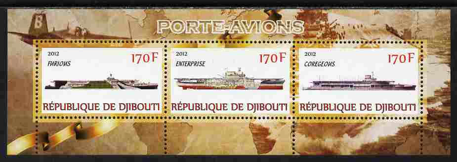 Djibouti 2012 Aircraft Carriers #2 perf sheetlet containing 3 values unmounted mint, stamps on , stamps on  stamps on ships, stamps on  stamps on flat-tops, stamps on  stamps on aviation, stamps on  stamps on aircraft carriers