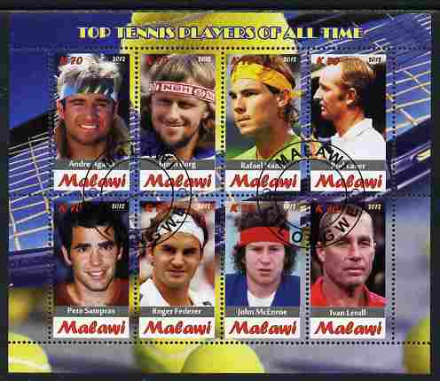 Malawi 2012 Top Tennis Players of All Time perf sheetlet containing 8 values fine cto used, stamps on , stamps on  stamps on personalities, stamps on  stamps on sport, stamps on  stamps on tennis