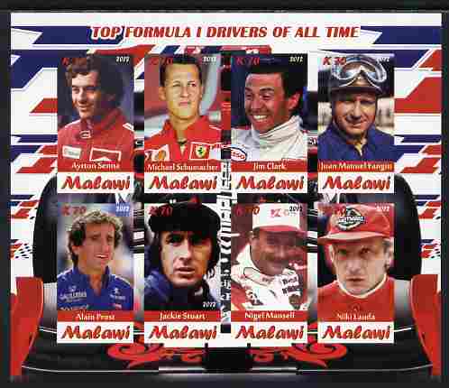 Malawi 2012 Top Formula 1 Drivers of All Time imperf sheetlet containing 8 values unmounted mint, stamps on , stamps on  stamps on personalities, stamps on  stamps on sport, stamps on  stamps on  f1 , stamps on  stamps on formula 1, stamps on  stamps on racing cars, stamps on  stamps on 