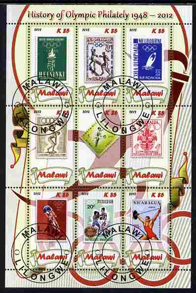 Malawi 2012 History of Olympic Philately #01 perf sheetlet containing 9 values fine cto used, stamps on , stamps on  stamps on olympics, stamps on  stamps on stamp on stamp, stamps on  stamps on stampon, stamps on  stamps on 