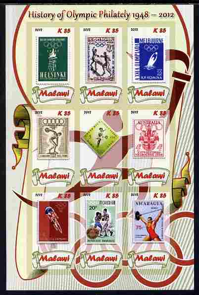 Malawi 2012 History of Olympic Philately #01 imperf sheetlet containing 9 values unmounted mint, stamps on , stamps on  stamps on olympics, stamps on  stamps on stamp on stamp, stamps on  stamps on stampon, stamps on  stamps on 