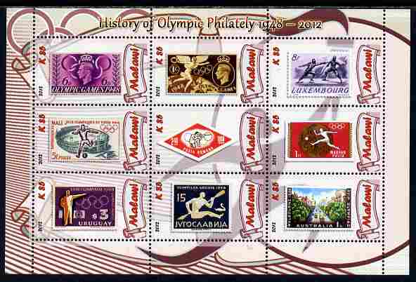 Malawi 2012 History of Olympic Philately #02 perf sheetlet containing 9 values unmounted mint, stamps on , stamps on  stamps on olympics, stamps on  stamps on stamp on stamp, stamps on  stamps on stampon, stamps on  stamps on 