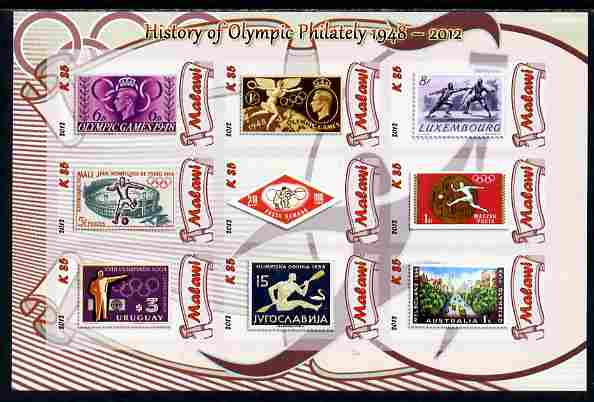 Malawi 2012 History of Olympic Philately #02 imperf sheetlet containing 9 values unmounted mint, stamps on , stamps on  stamps on olympics, stamps on  stamps on stamp on stamp, stamps on  stamps on stampon, stamps on  stamps on 