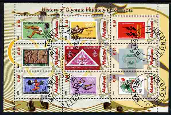 Malawi 2012 History of Olympic Philately #03 perf sheetlet containing 9 values fine cto used, stamps on olympics, stamps on stamp on stamp, stamps on stampon, stamps on 