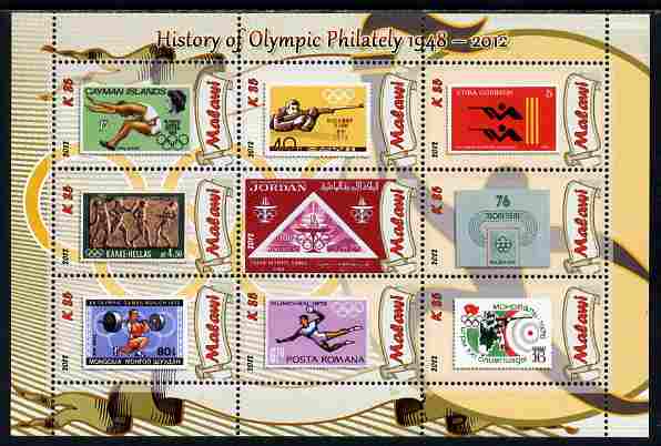 Malawi 2012 History of Olympic Philately #03 perf sheetlet containing 9 values unmounted mint, stamps on , stamps on  stamps on olympics, stamps on  stamps on stamp on stamp, stamps on  stamps on stampon, stamps on  stamps on 