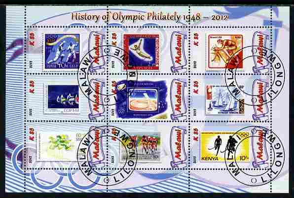 Malawi 2012 History of Olympic Philately #04 perf sheetlet containing 9 values fine cto used, stamps on olympics, stamps on stamp on stamp, stamps on stampon, stamps on 