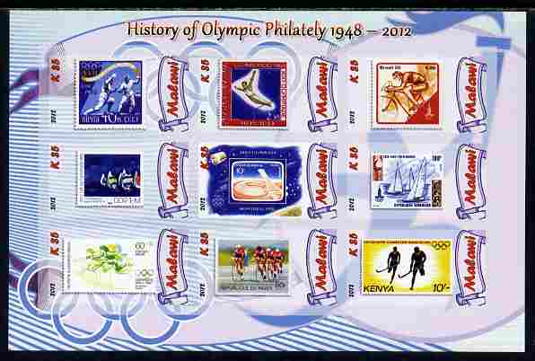 Malawi 2012 History of Olympic Philately #04 imperf sheetlet containing 9 values unmounted mint, stamps on , stamps on  stamps on olympics, stamps on  stamps on stamp on stamp, stamps on  stamps on stampon, stamps on  stamps on 