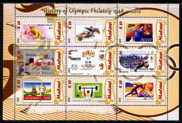 Malawi 2012 History of Olympic Philately #05 perf sheetlet containing 9 values unmounted mint, stamps on , stamps on  stamps on olympics, stamps on  stamps on stamp on stamp, stamps on  stamps on stampon, stamps on  stamps on 