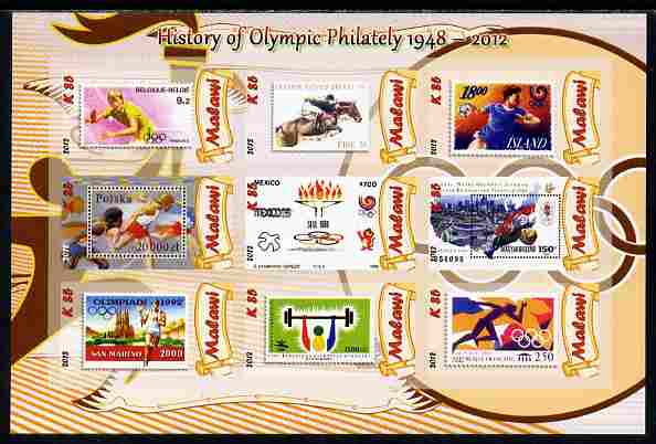 Malawi 2012 History of Olympic Philately #05 imperf sheetlet containing 9 values unmounted mint, stamps on , stamps on  stamps on olympics, stamps on  stamps on stamp on stamp, stamps on  stamps on stampon, stamps on  stamps on 