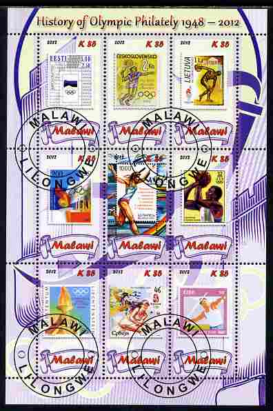 Malawi 2012 History of Olympic Philately #06 perf sheetlet containing 9 values fine cto used, stamps on , stamps on  stamps on olympics, stamps on  stamps on stamp on stamp, stamps on  stamps on stampon, stamps on  stamps on 