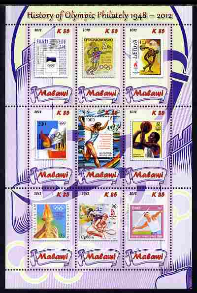 Malawi 2012 History of Olympic Philately #06 perf sheetlet containing 9 values unmounted mint, stamps on olympics, stamps on stamp on stamp, stamps on stampon, stamps on 