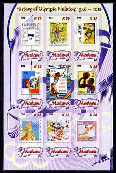 Malawi 2012 History of Olympic Philately #06 imperf sheetlet containing 9 values unmounted mint, stamps on olympics, stamps on stamp on stamp, stamps on stampon, stamps on 