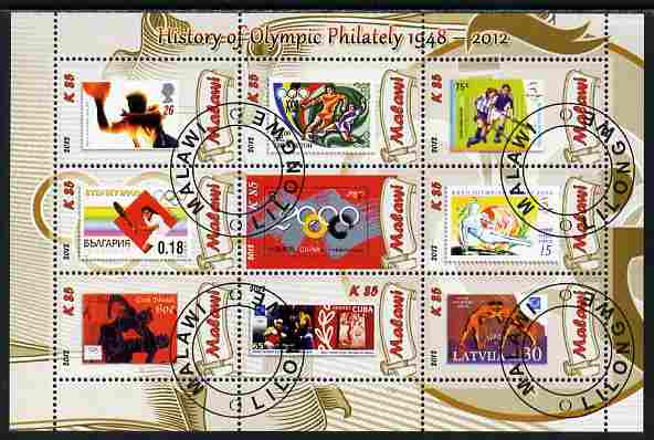 Malawi 2012 History of Olympic Philately #07 perf sheetlet containing 9 values fine cto used, stamps on olympics, stamps on stamp on stamp, stamps on stampon, stamps on 