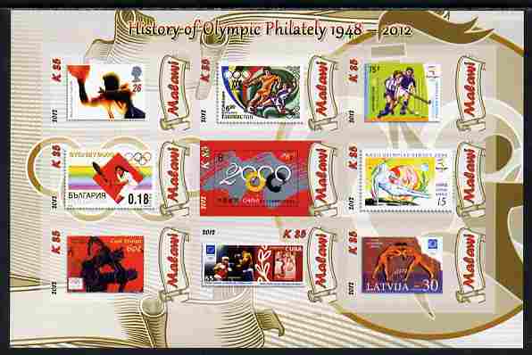 Malawi 2012 History of Olympic Philately #07 imperf sheetlet containing 9 values unmounted mint, stamps on , stamps on  stamps on olympics, stamps on  stamps on stamp on stamp, stamps on  stamps on stampon, stamps on  stamps on 