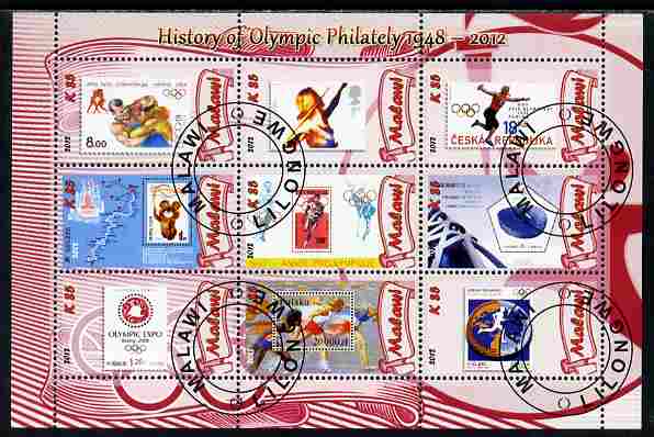 Malawi 2012 History of Olympic Philately #08 perf sheetlet containing 9 values fine cto used