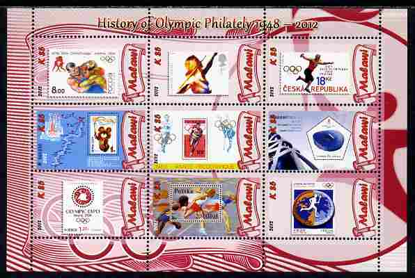 Malawi 2012 History of Olympic Philately #08 perf sheetlet containing 9 values unmounted mint, stamps on olympics, stamps on stamp on stamp, stamps on stampon, stamps on 