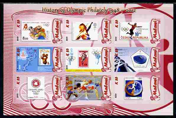 Malawi 2012 History of Olympic Philately #08 imperf sheetlet containing 9 values unmounted mint, stamps on , stamps on  stamps on olympics, stamps on  stamps on stamp on stamp, stamps on  stamps on stampon, stamps on  stamps on 