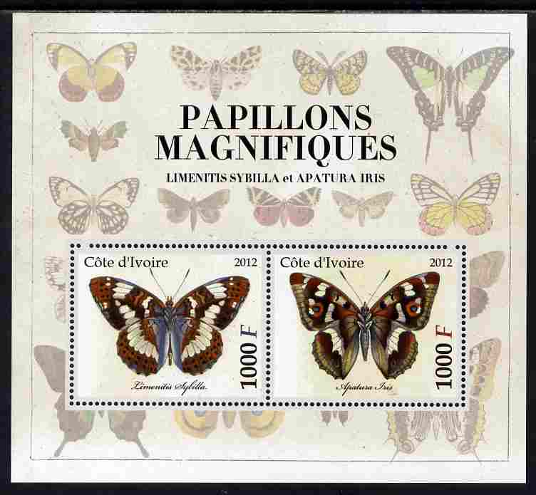 Ivory Coast 2012 Magnificent Butterflies #3 perf sheetlet containing 2 values unmounted mint, stamps on butterflies