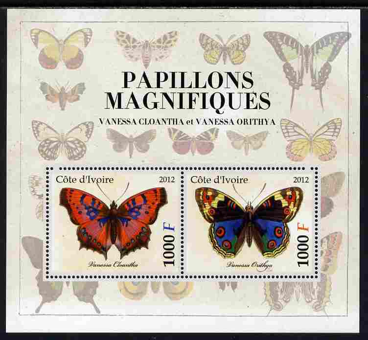 Ivory Coast 2012 Magnificent Butterflies #4 perf sheetlet containing 2 values unmounted mint, stamps on butterflies