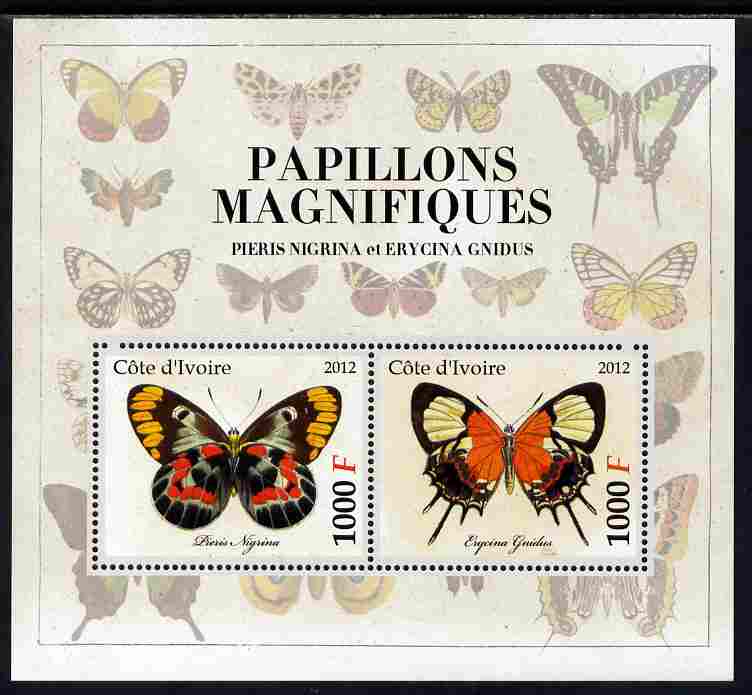 Ivory Coast 2012 Magnificent Butterflies #6 perf sheetlet containing 2 values unmounted mint, stamps on , stamps on  stamps on butterflies