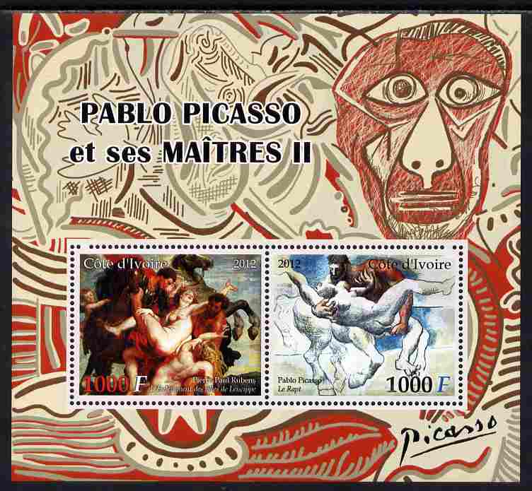 Ivory Coast 2012 Pablo Picasso & his Masters #2 perf sheetlet containing 2 values unmounted mint, stamps on , stamps on  stamps on arts, stamps on  stamps on picasso, stamps on  stamps on rubens, stamps on  stamps on nudes