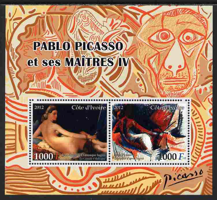 Ivory Coast 2012 Pablo Picasso & his Masters #4 perf sheetlet containing 2 values unmounted mint, stamps on , stamps on  stamps on arts, stamps on  stamps on picasso, stamps on  stamps on ingres, stamps on  stamps on nudes