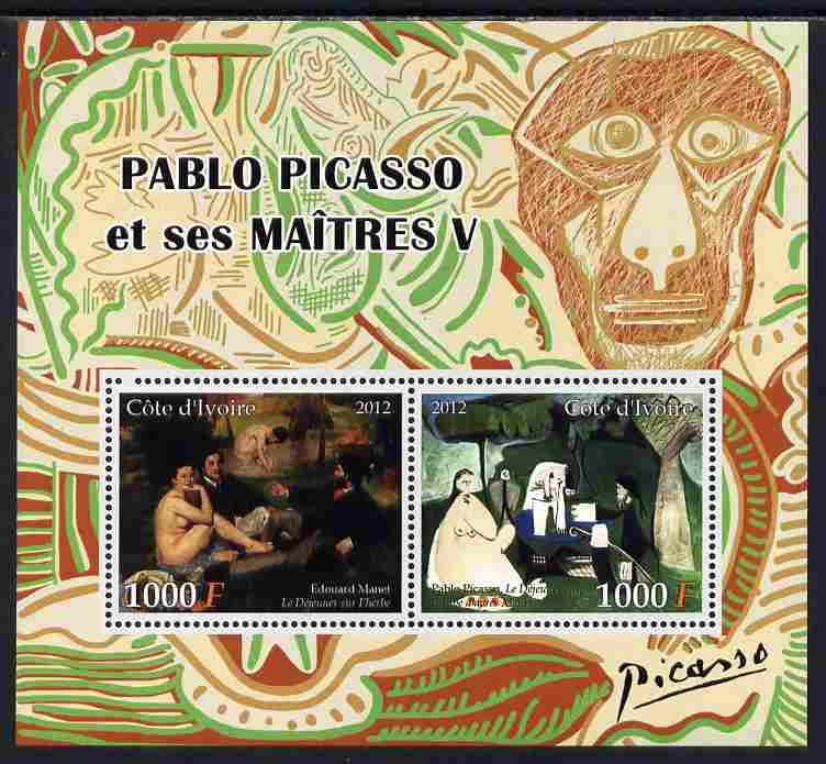 Ivory Coast 2012 Pablo Picasso & his Masters #5 perf sheetlet containing 2 values unmounted mint, stamps on , stamps on  stamps on arts, stamps on  stamps on picasso, stamps on  stamps on manet, stamps on  stamps on nudes